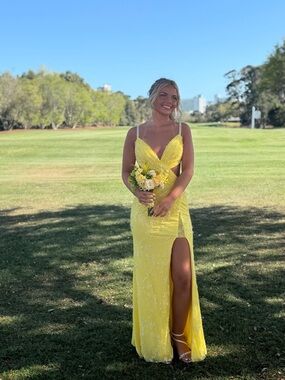 Yellow Sequin Evening Gown with Thigh Slit